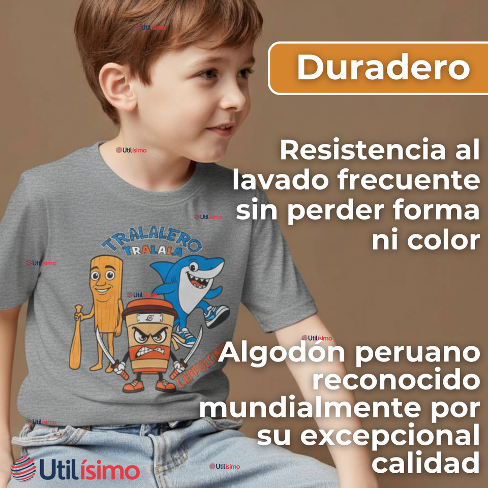 Polera Brainrots 100% Algodón Manga Corta Niño Tralalero Gris Claro