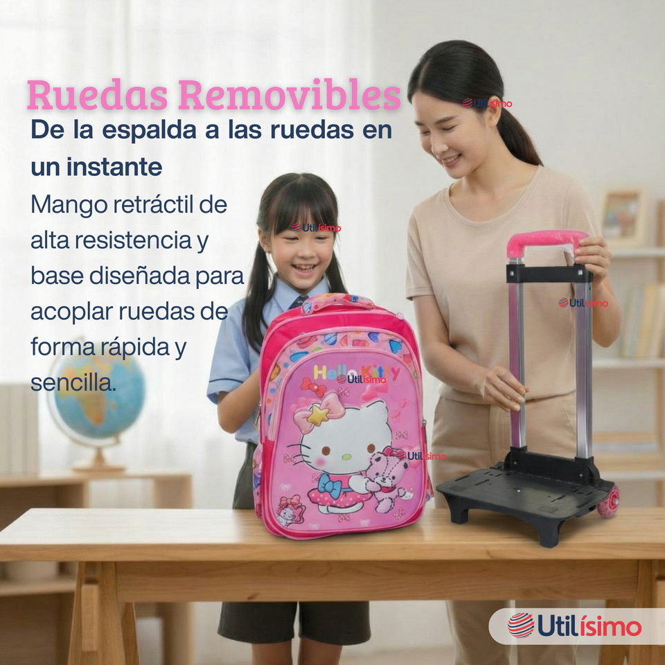 Mochila Escolar Hello Kitty Teddy Con Ruedas Desmontables + Estuche + Lonchera Niña Poliéster