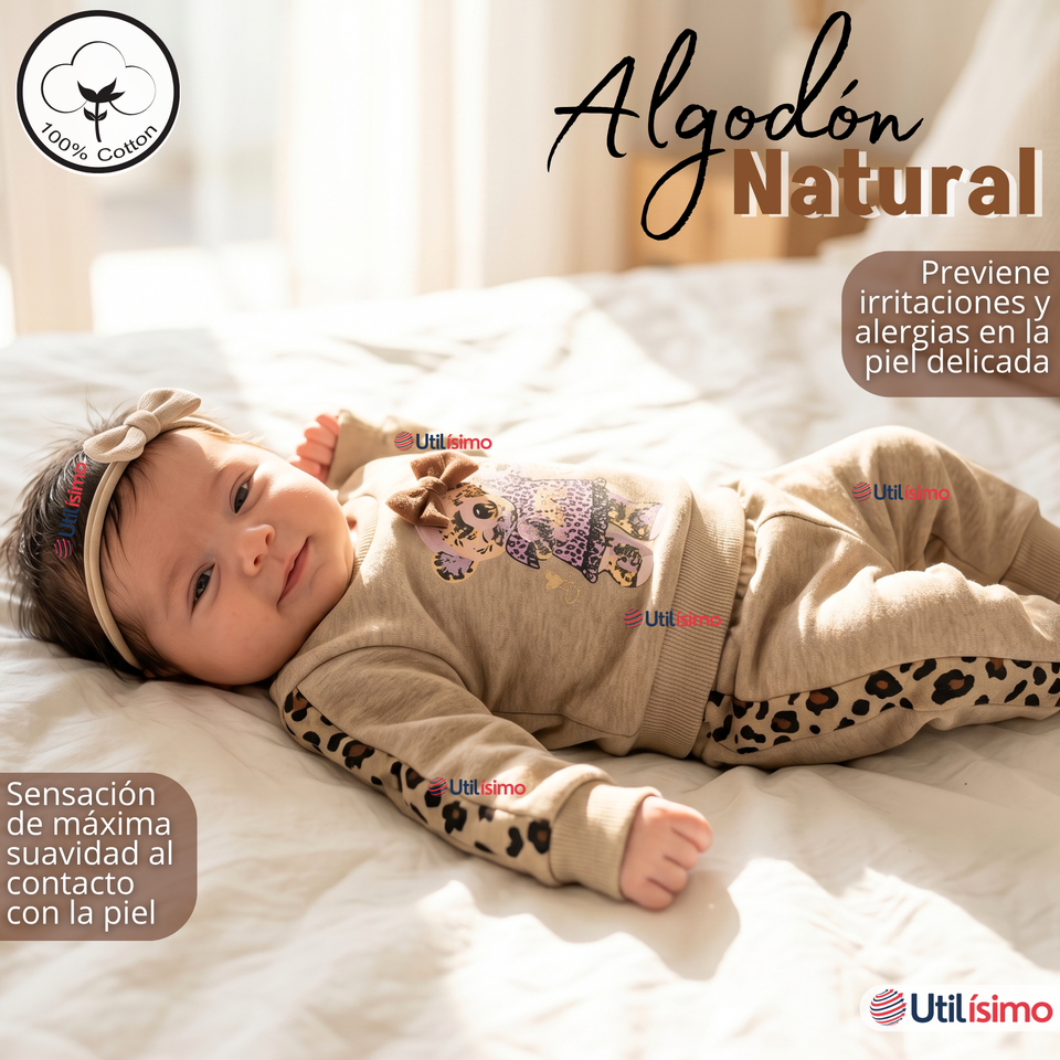 Conjunto 3 Piezas Buzo Pantalón Polerón Body De Algodón Beige Bebé Niña