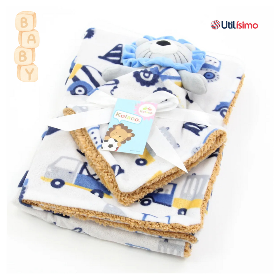 Set Manta Frazada Polar Para Bebé Niño + Peluche de Apego