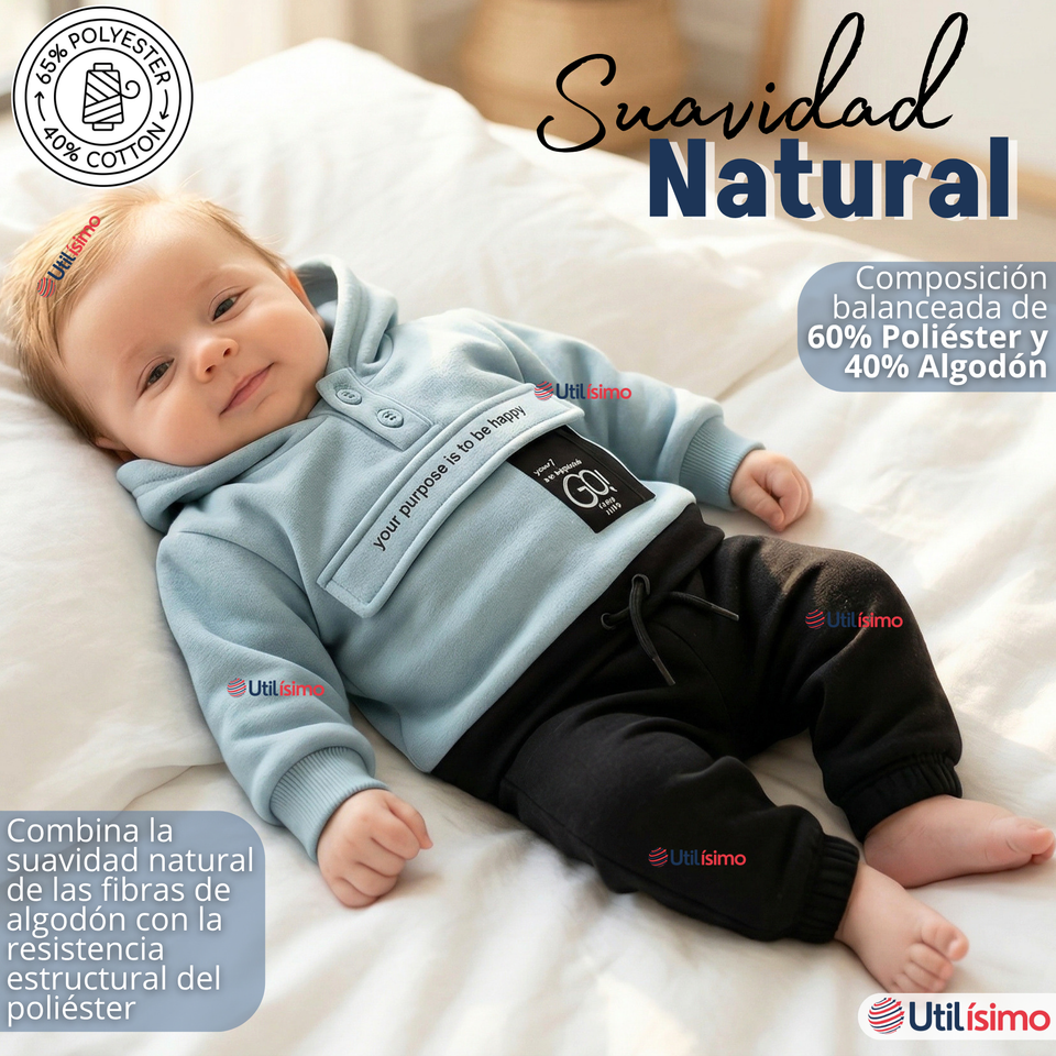 Conjunto 2 Piezas Buzo Pantalón Y Polerón Con Capucha Azul Bebé Niño