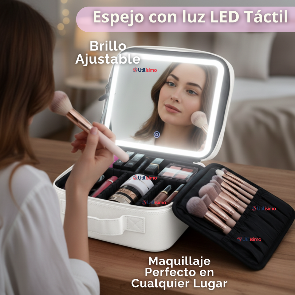 Estuche Maquillaje 2 en 1 Bolso Cosmetiquero Espejo Con Luz Led Organizador