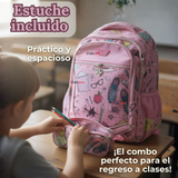 Mochila Escolar Con Estuche 43cm Tela Oxford Impermeable Niña