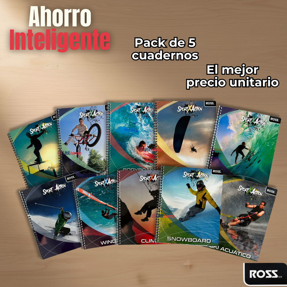 Pack 5 Cuadernos Universitario SportX Action Ross 7mm 100 hojas Diseños Surtidos