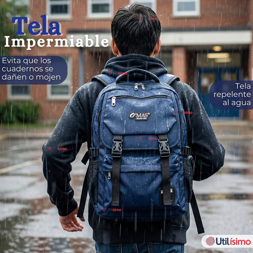 Mochila Escolar Azul Broches Impermeable Poliéster 48cm Niño