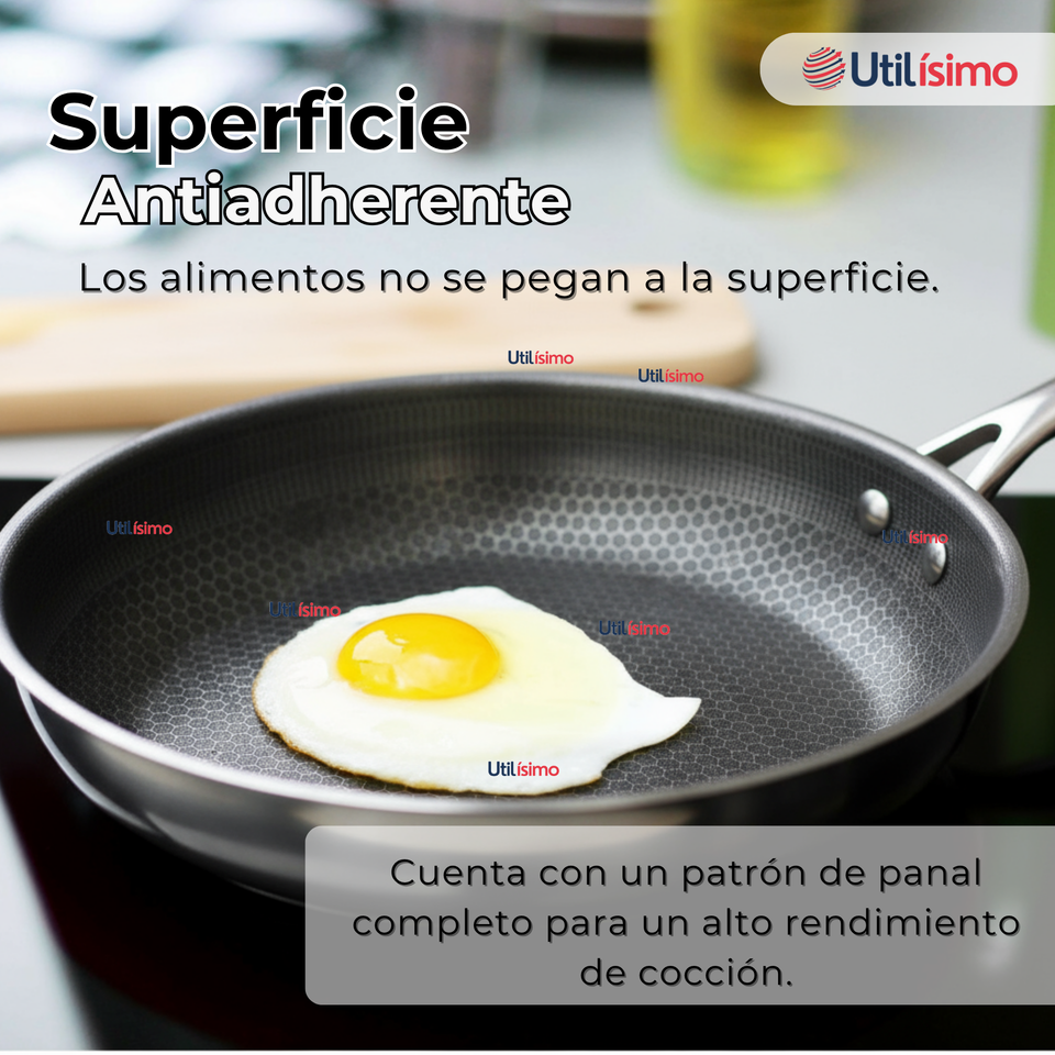 Sartén Acero Inoxidable Antiadherente 28cm +Cuchara de Madera de Bambú