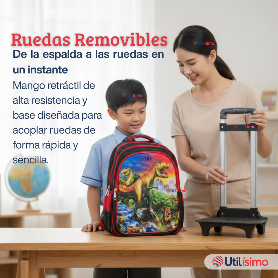 Mochila Escolar Con Ruedas Desmontables Diseño 3D + Estuche + Lonchera Niño Poliéster Dinosaur