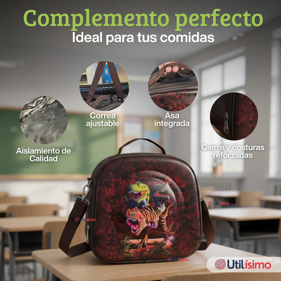 Mochila Escolar Bolso Con Efecto 3D Estuche + Lonchera 40Cm Tela Oxford Niño Dark Dinosaur