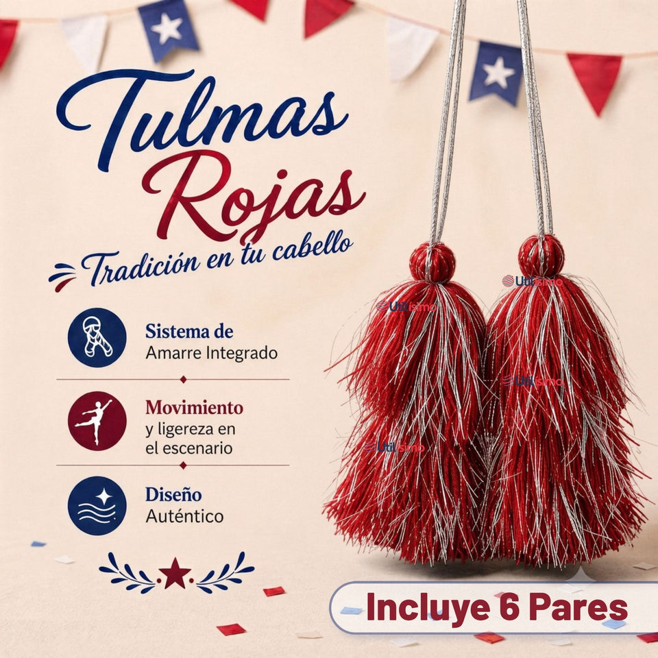 Pack 6 Tulmas Peinado Accesorio Sambo Caporal Rojo Baile Típico