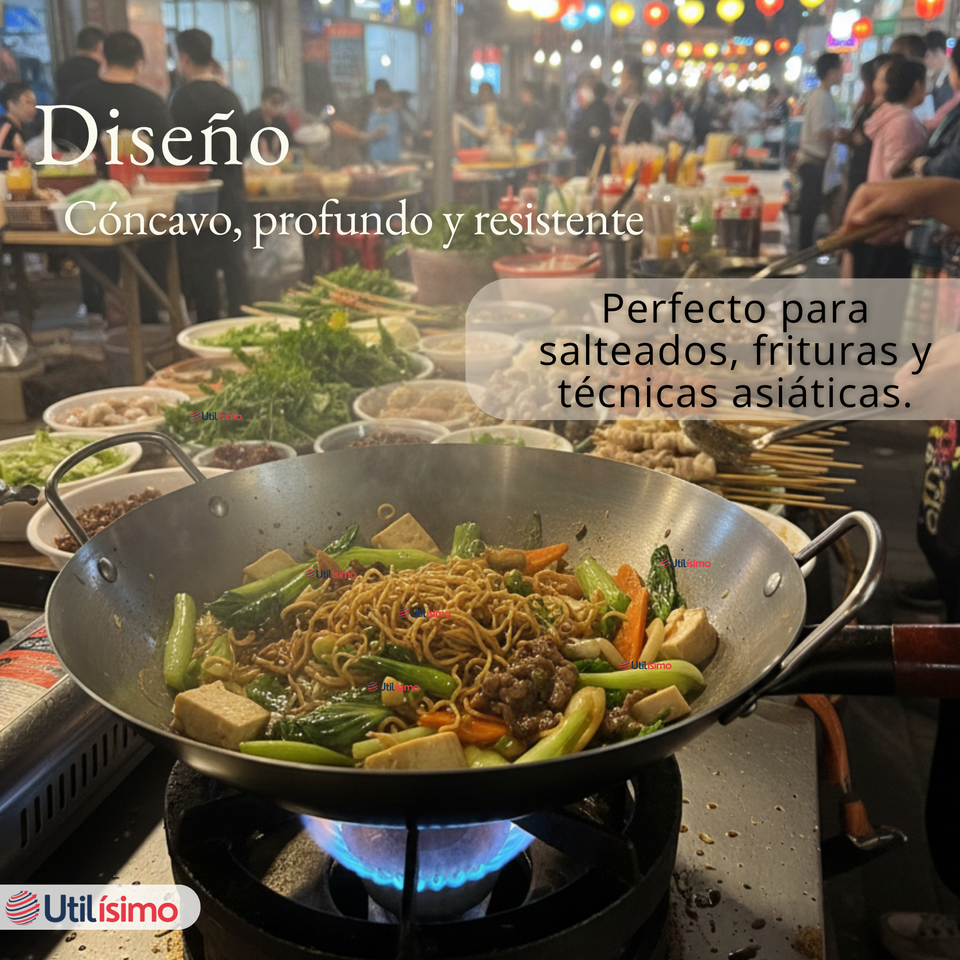 Sartén Wok De Hierro Concavo Con Mango 34cm Plateado