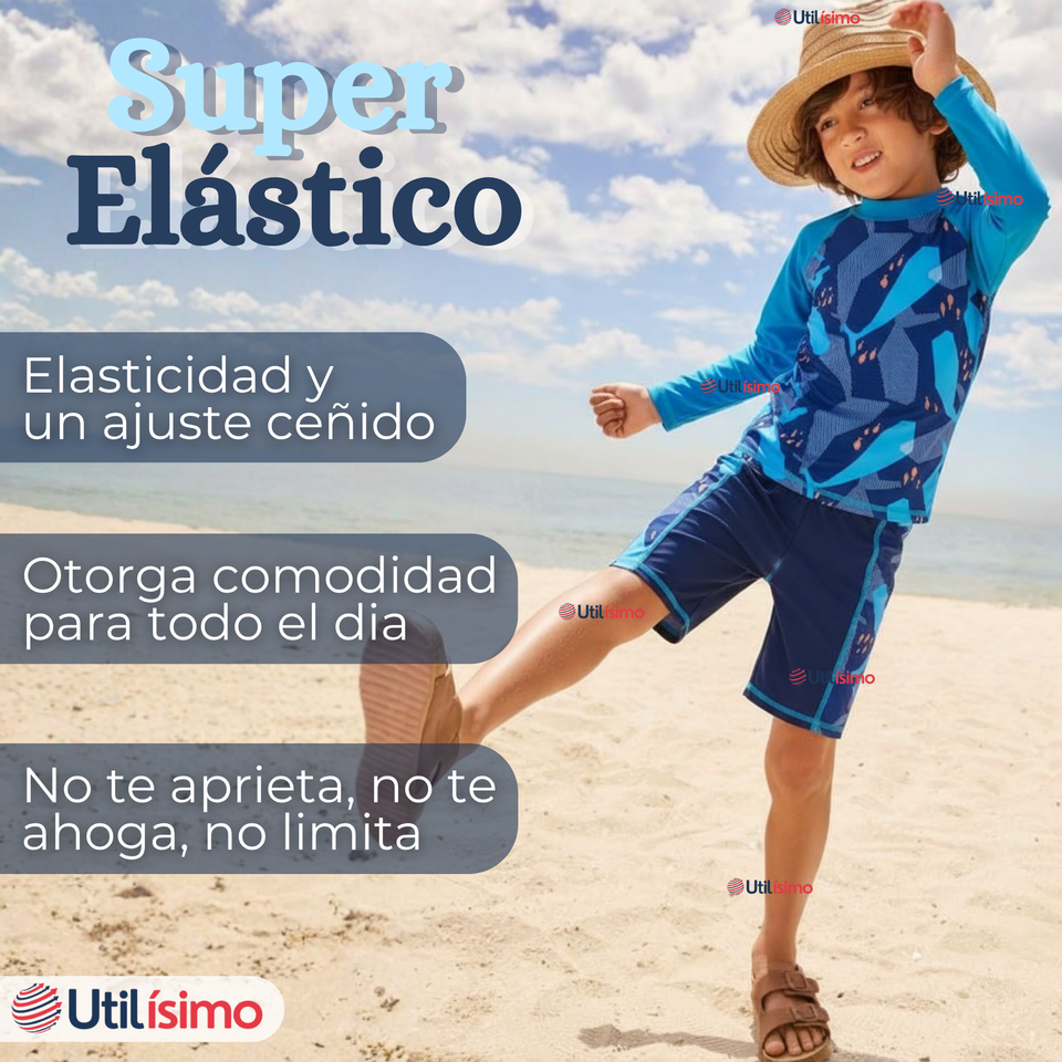 Traje de Baño Manga Larga Pantalón Corto 2 Piezas Corte Split Niño 3 a 9 años Blue