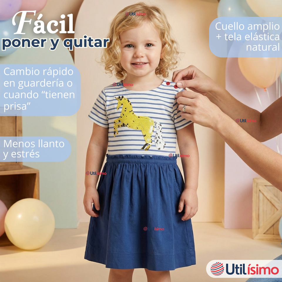 Vestido Manga Corta Casual Azul Unicornio Lentejuela Verano Niña 2 a 7 años