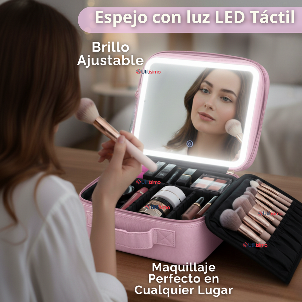 Estuche Maquillaje 2 en 1 Bolso Cosmetiquero Espejo Con Luz Led Organizador