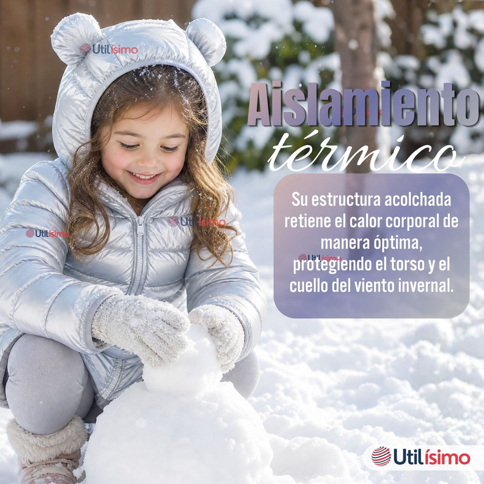 Parka Bebé Niña Gris Metálica Térmica Acolchada Con Orejitas Gray Shiny