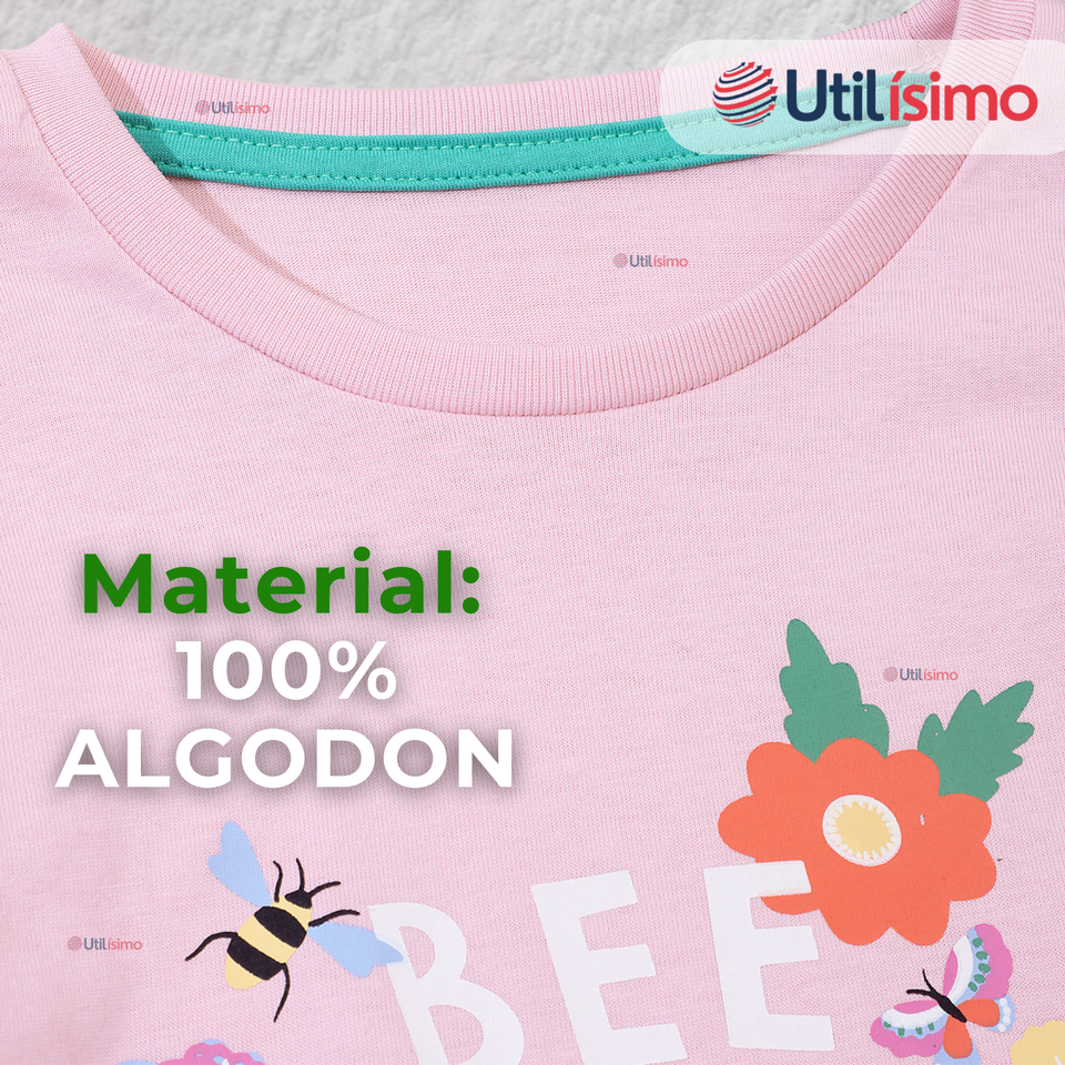 Polera Manga Larga Niña 100% Algodón Dinosauro Flores Rosado Camiseta