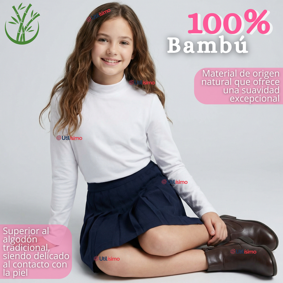 Pack 3 Poleras Camisetas Bambú Blancas Cuello Beatle Primera Capa Manga Larga Niña