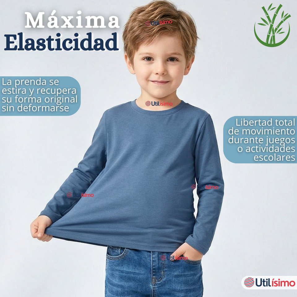 Pack 3 Poleras Camisetas Bambú Claro Oscuro Cuello Redondo Primera Capa Manga Larga Niño