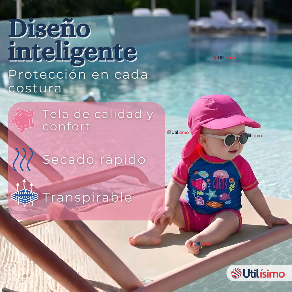 Traje De Baño Manga Corta Pantalón Con Gorro 3 Piezas Bebé Niña Marine Adventure