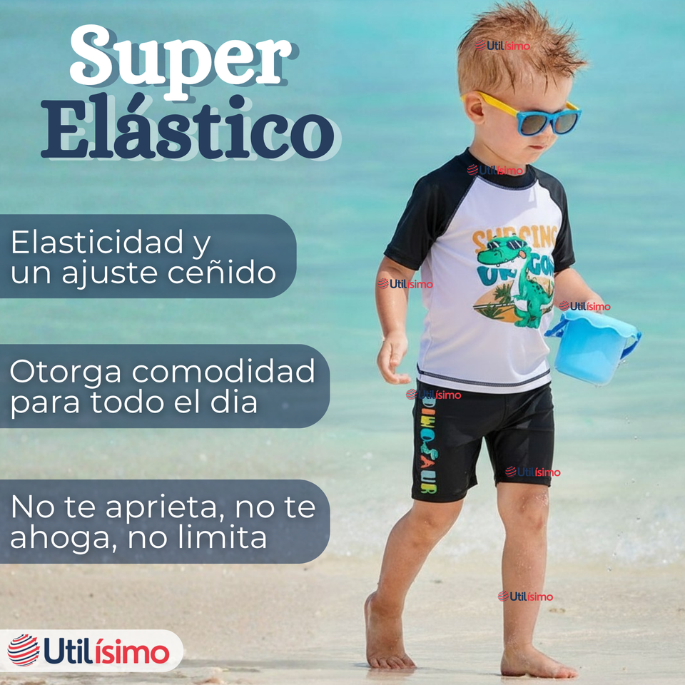 Traje de Baño Manga Corta Pantalón Corto 2 Piezas Corte Split Niño 3 a 9 años Black Dinosaur