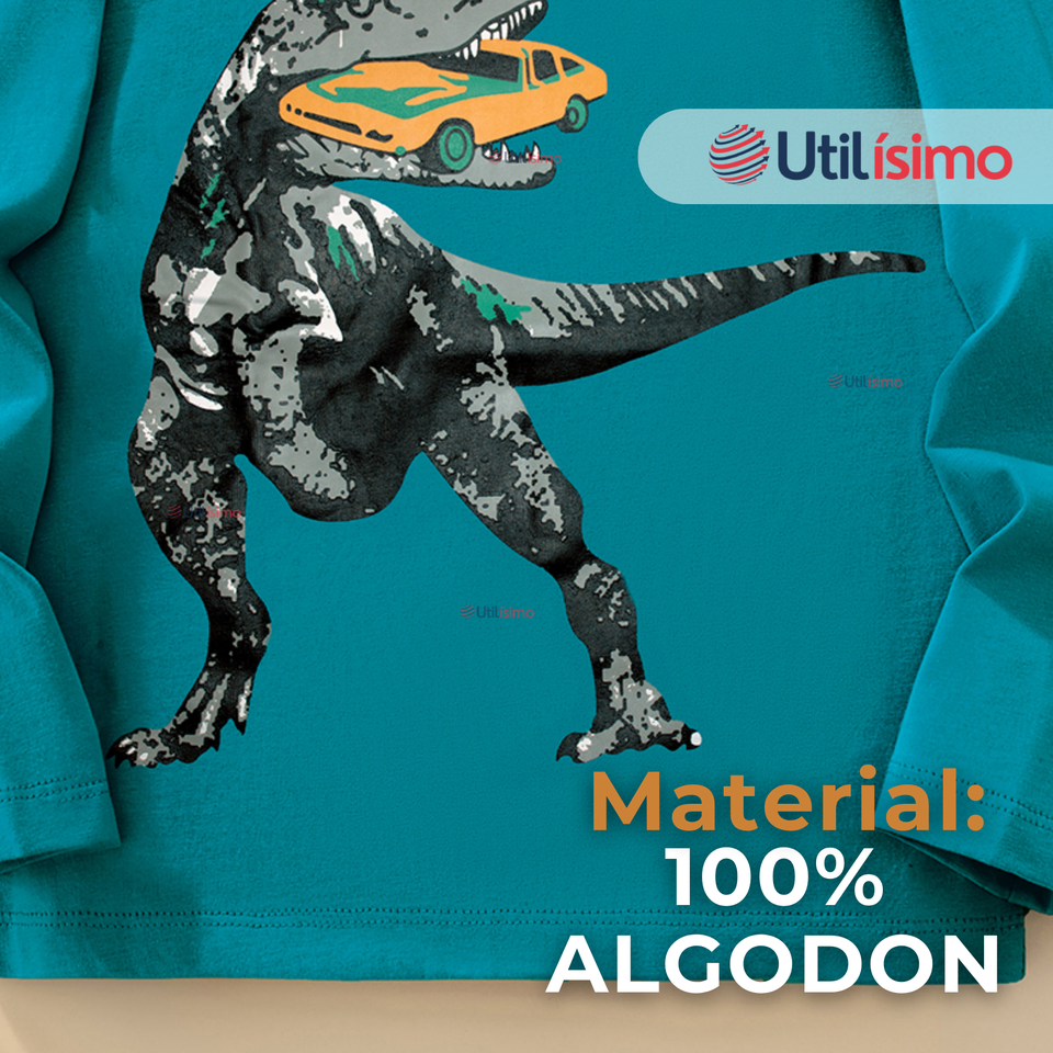 Polera Manga Larga Niño 100% Algodón Dinosaurio Verde Camiseta