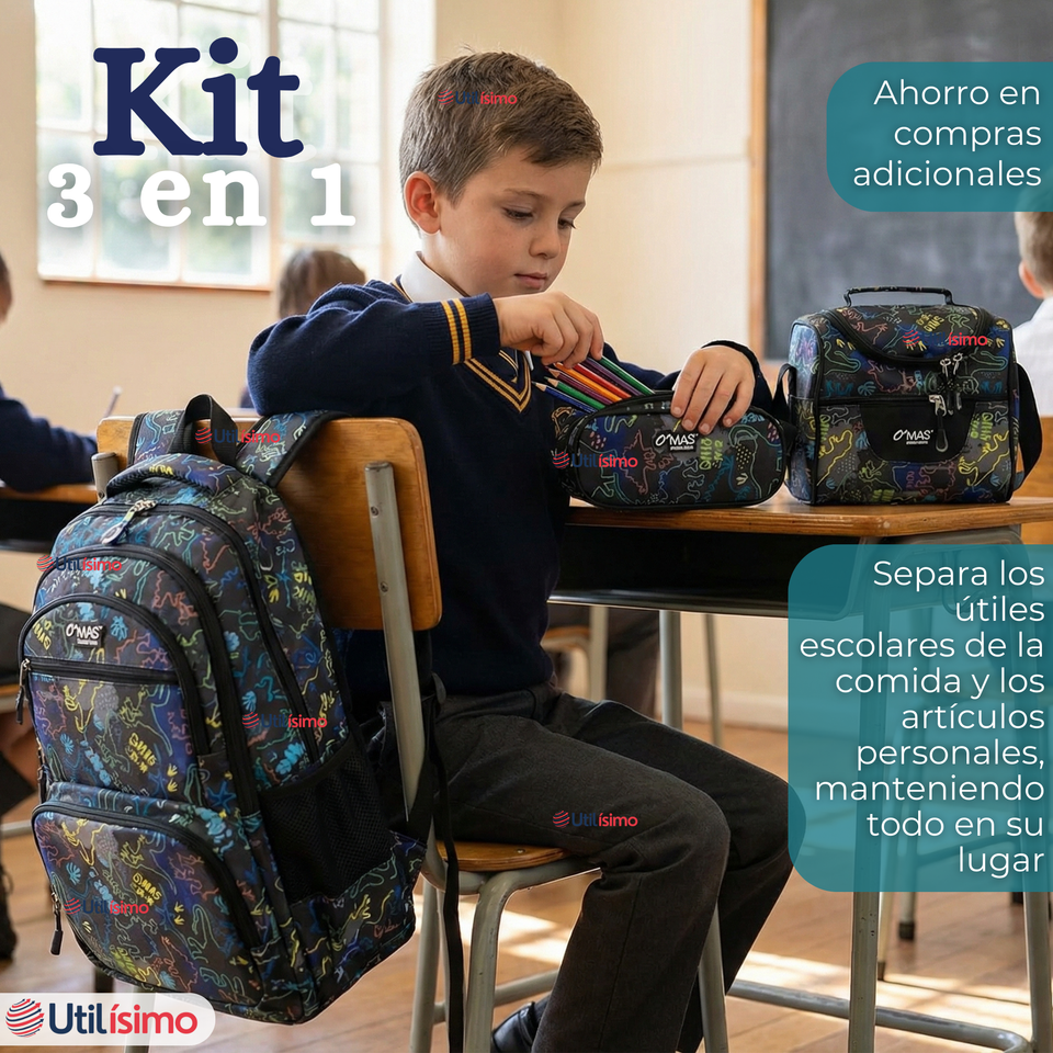 Mochila Escolar + Estuche + Lonchera 45cm Tela Oxford Estampado de Dinosaurio Niño