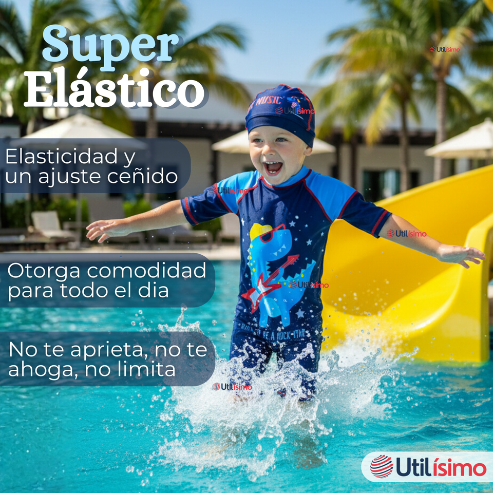 Traje de Baño Enterito Cremallera Manga Corta Con Gorro Niño 2 a 4 años Blue Dinosaur