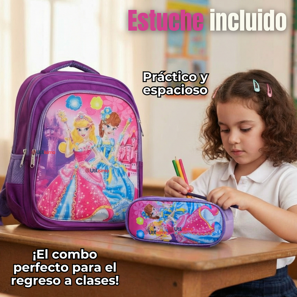 Mochila Escolar Con Ruedas + Estuche + Lonchera Poliéster Princesas Niña