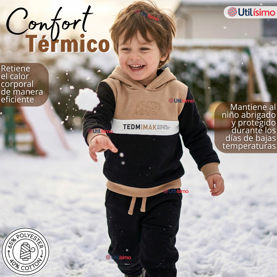 Conjunto 2 Piezas Buzo Pantalón Y Polerón Con Capucha Negro Niño