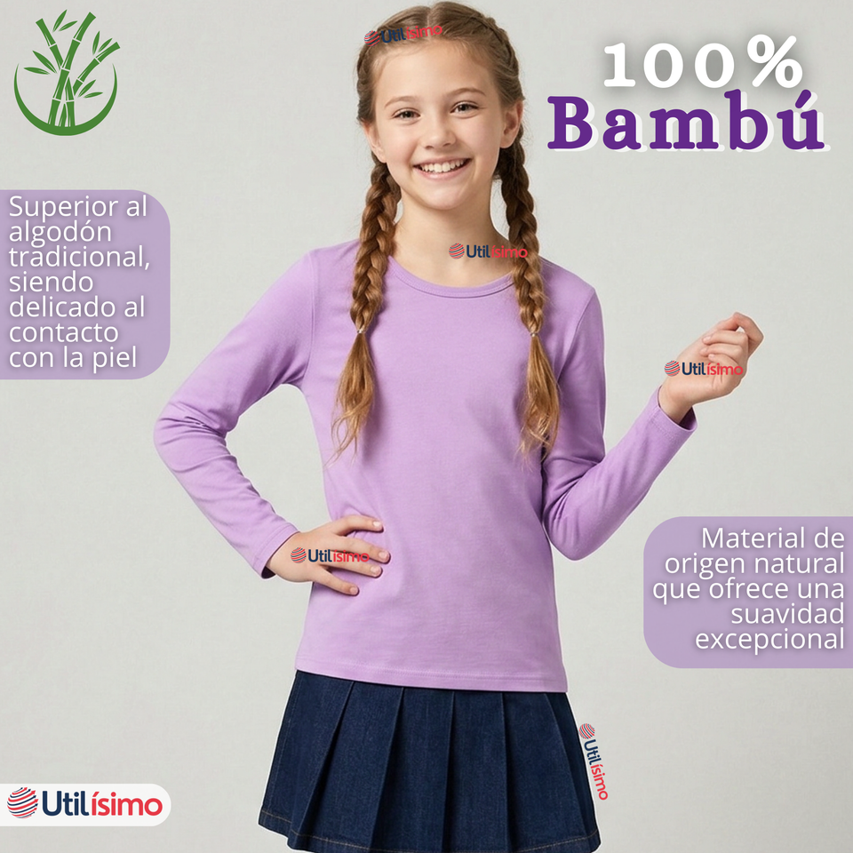 Camiseta Polera Bambú Cuello Redondo Lila Primera Capa Manga Larga Niña