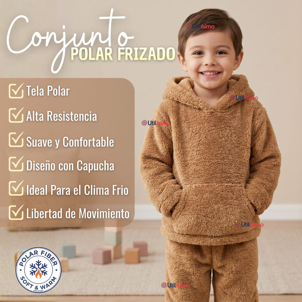 Buzo Polerón Conjunto Polar Niño Con Capucha Unicolor Café