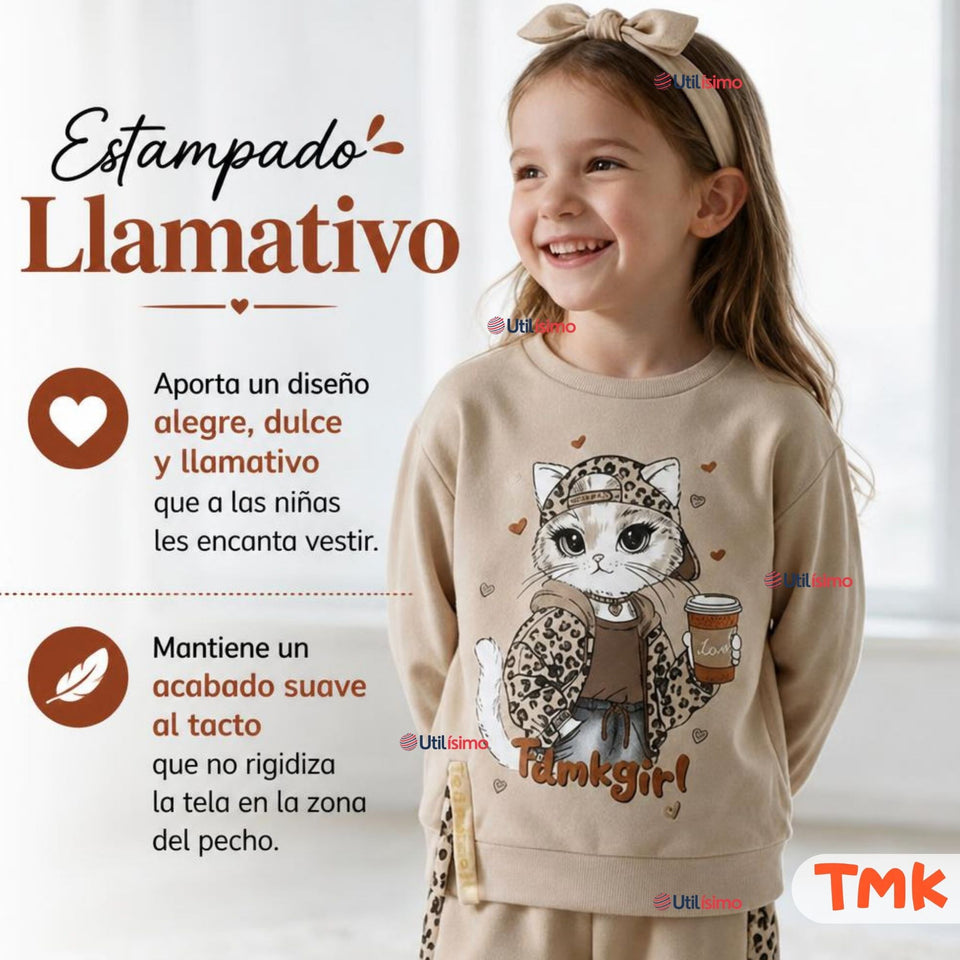 Conjunto 2 Piezas Polerón y Buzo 100% Algodón Tedmimak Niña Cat animal Print