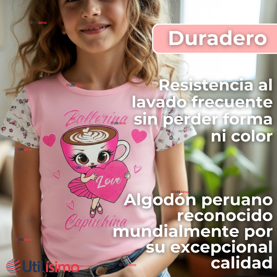 Polera Brainrots 100% Algodón Manga Corta Niña Tralalero Rosado