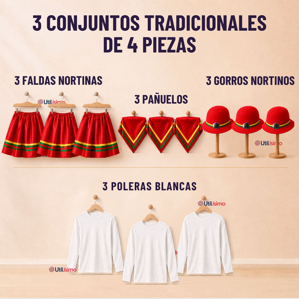 Pack 3 Trajes Nortinos Niña Rojo 4 Piezas Con Poleras Baile Típico Fiestas Patrias