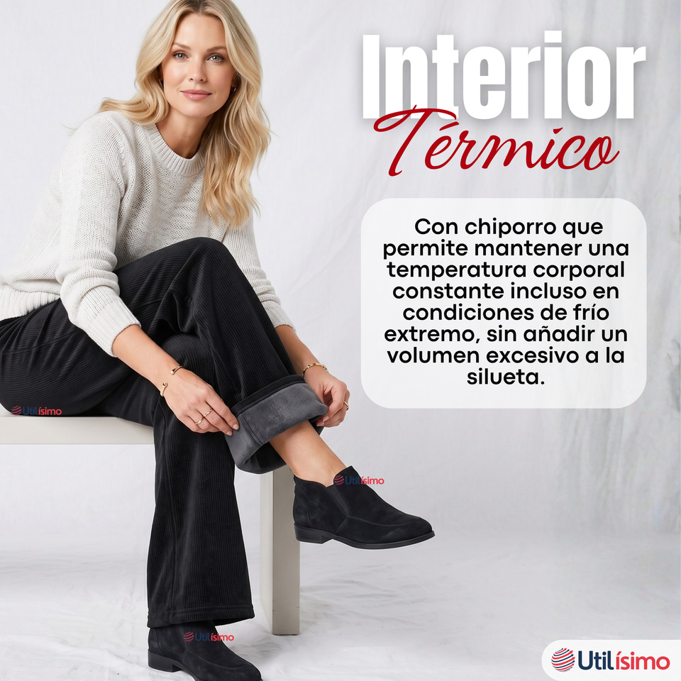 Pantalón Cotelé Palazzo Polar Con Chiporro Elasticado Térmico Negro