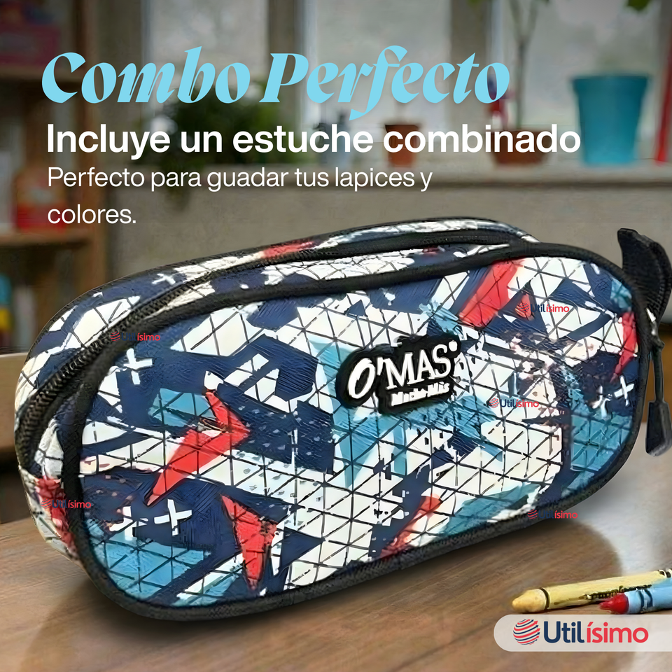 Mochila Escolar Bolso Con Estuche 43Cm Tela Oxford Niño Design Geometric