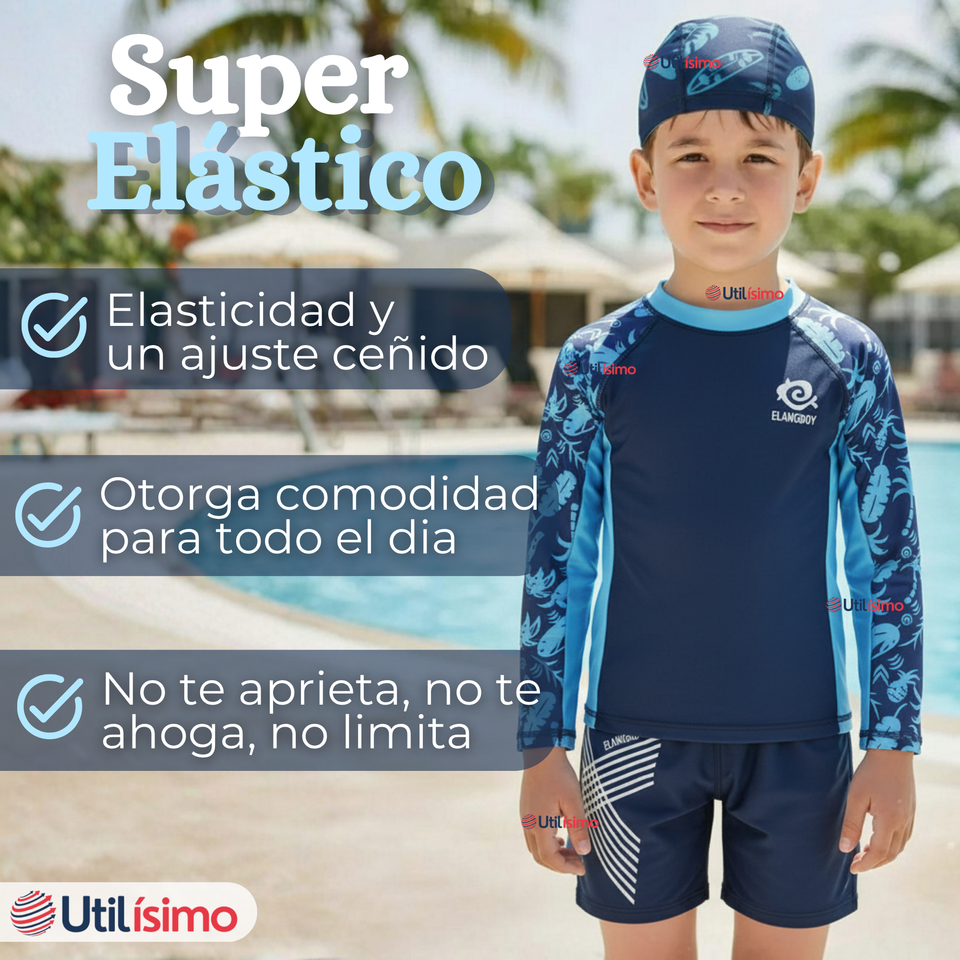 Traje de Baño Con Gorro Pantalón Corto Manga Larga 3 Piezas Corte Split Niño 2 a 8 años Blue