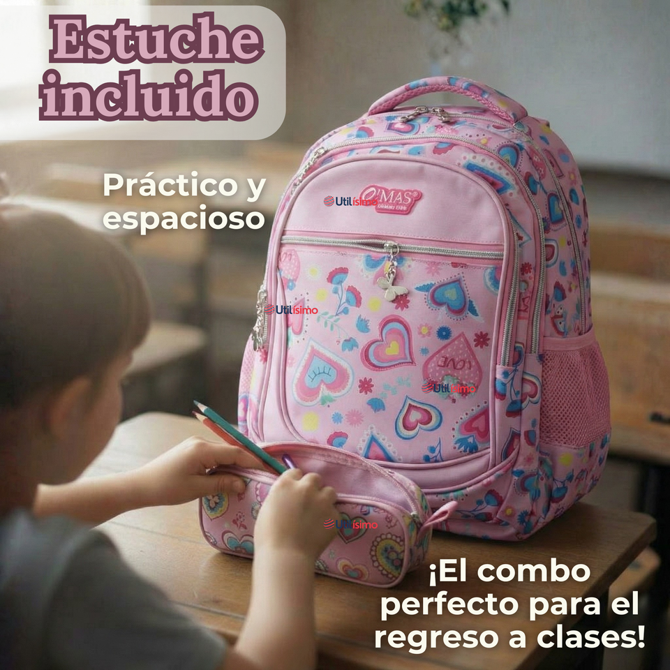 Mochila Escolar Con Estuche 43cm Tela Oxford Impermeable Niña