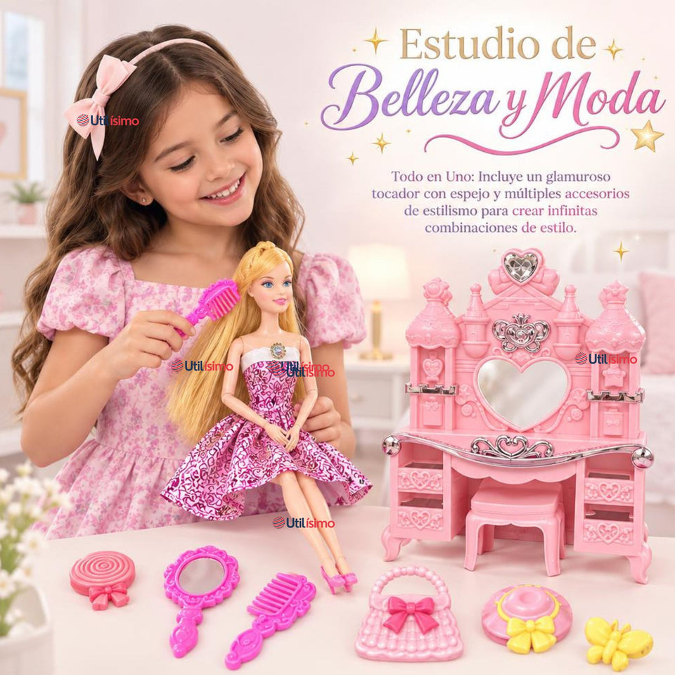 Juguete Muñeca Fashion Articulada Tocador y Accesorios