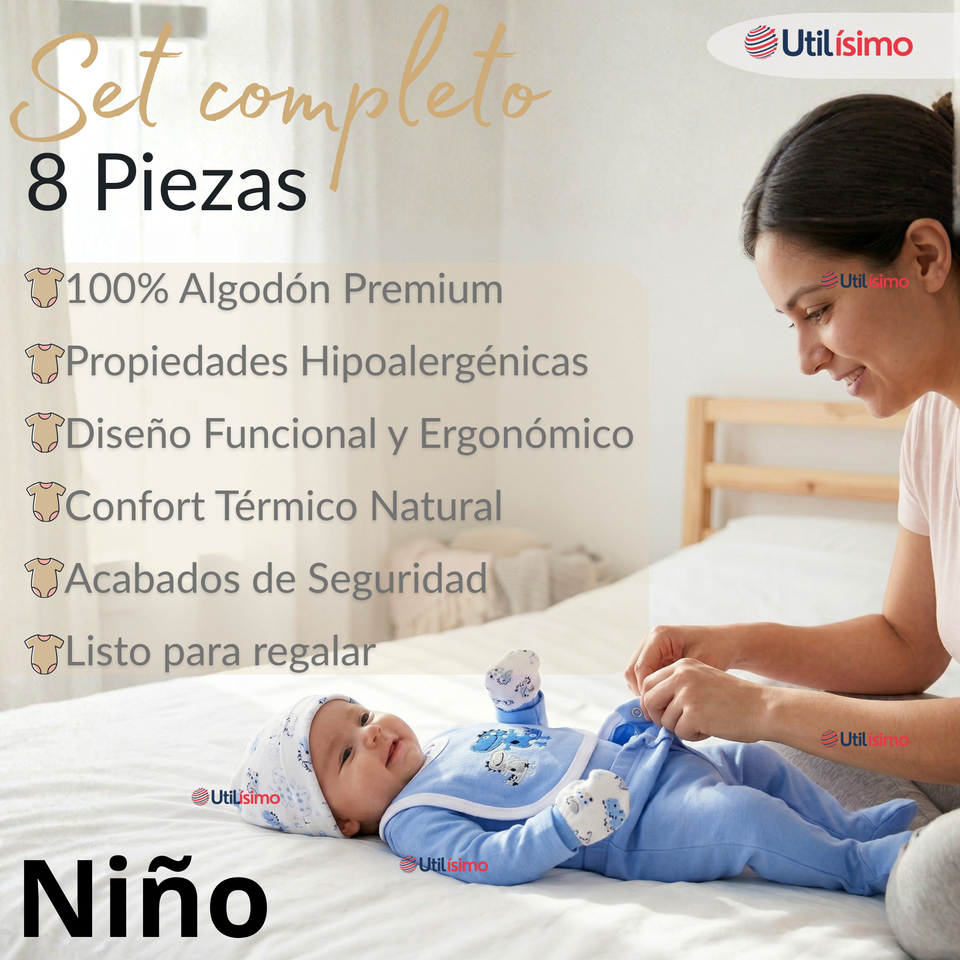 Set Ajuar Bebé 8 Piezas Surtido NIÑO 100% Algodón