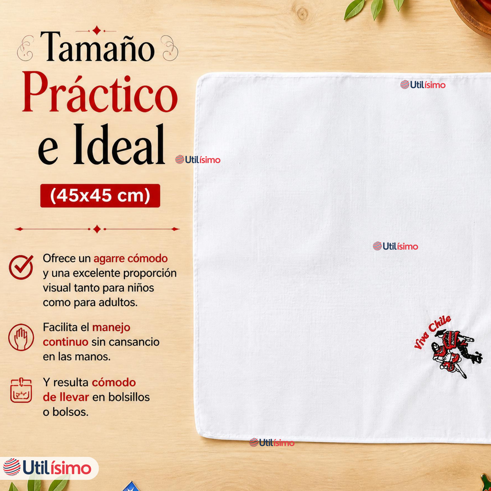 Pack 3 Pañuelos Baile Cueca 45cm Bordado Pareja Bailando Algodón Fiestas Patrias