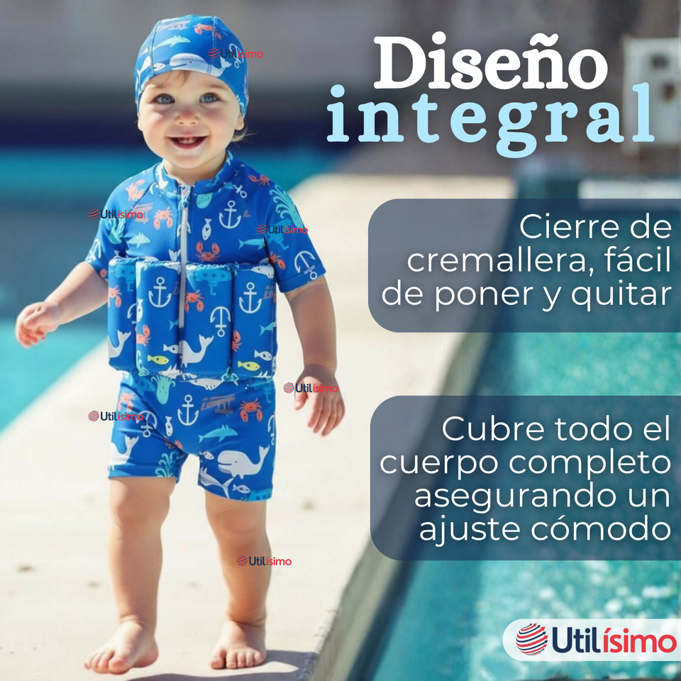 Traje de Baño Flotador Enterito Con Gorro Niño 2 Piezas 9 a 36 Meses Blue Sea
