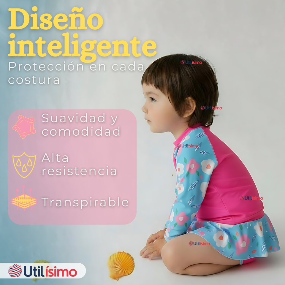 Traje De Baño Manga Larga Estilo Tankini Con Falda Niña 2 a 7 años Pretty Flowers