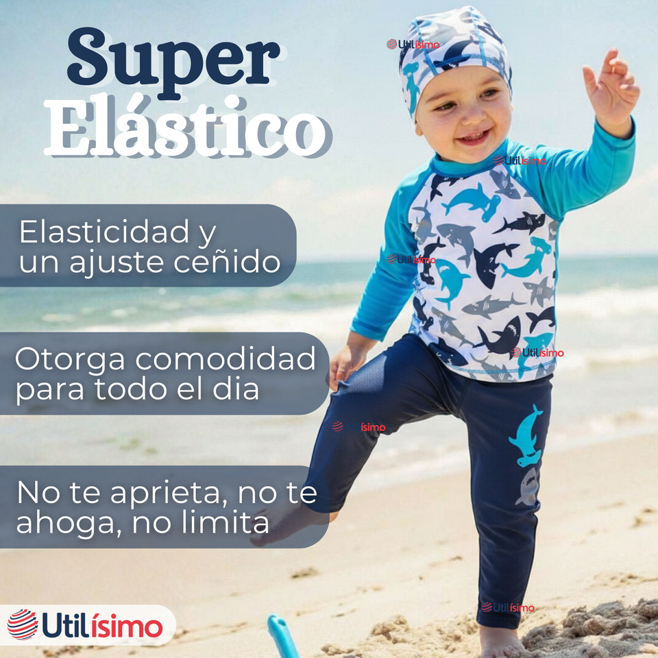 Traje de Baño Con Gorro Pantalón Largo 3 Piezas Corte Split Manga Larga Niño 3 a 11 años White Shark