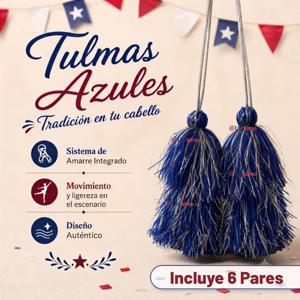 Pack 6 Tulmas Peinado Accesorio Sambo Caporal Azul Baile Típico