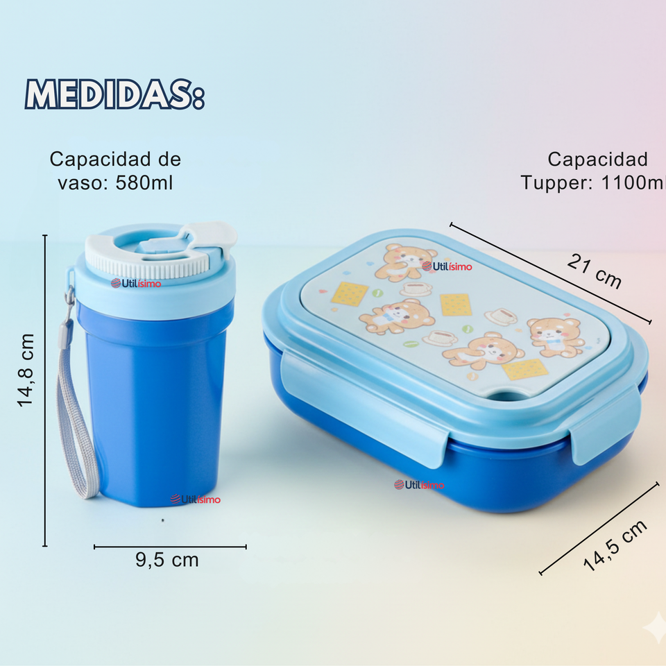 Set Fiambrera Tupper + Vaso Para Niños y Niñas Colores Varios Infantiles