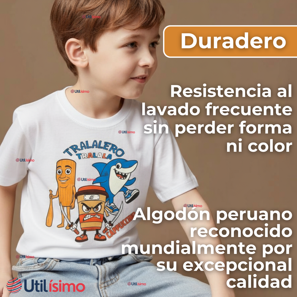 Polera Brainrots 100% Algodón Manga Corta Niño Tralalero Blanco