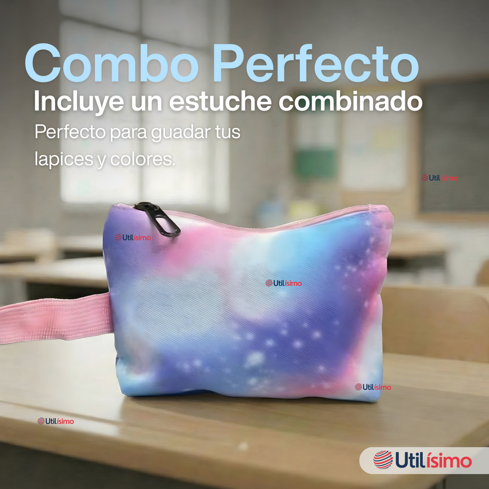 Mochila Bolso Escolar + Estuche + Lonchera 43Cm Niña Tela Oxford Lilac Galaxy