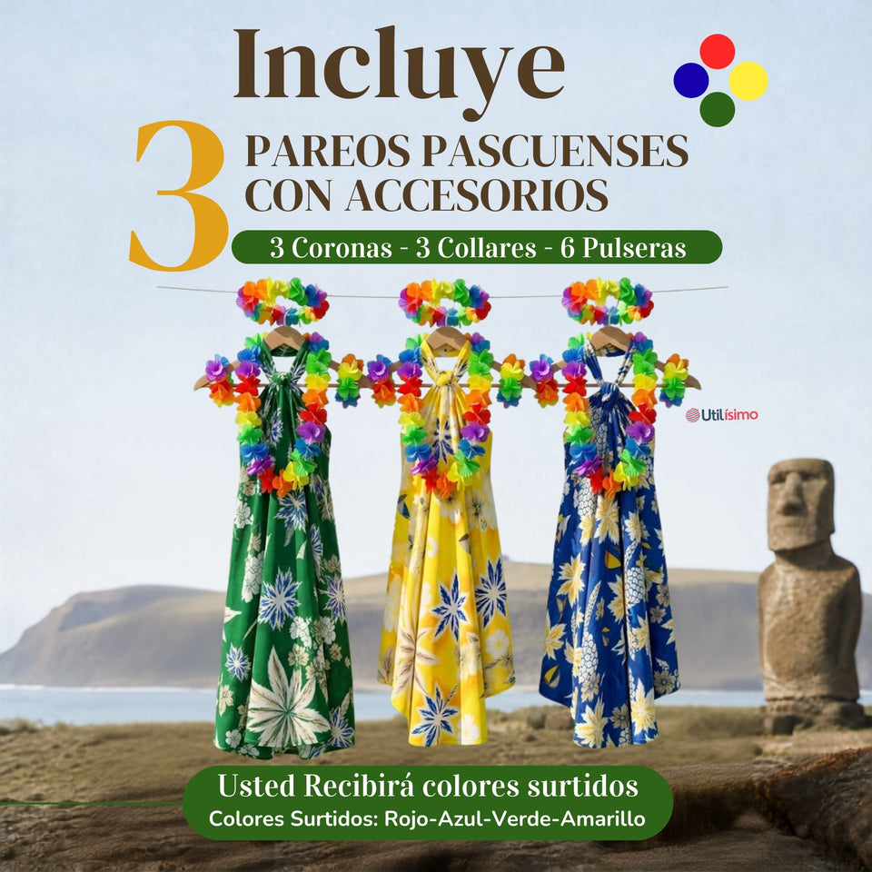Pack 3 Trajes Páscuenses Pareo Hawaiano Surtido Niña Con Accesorios