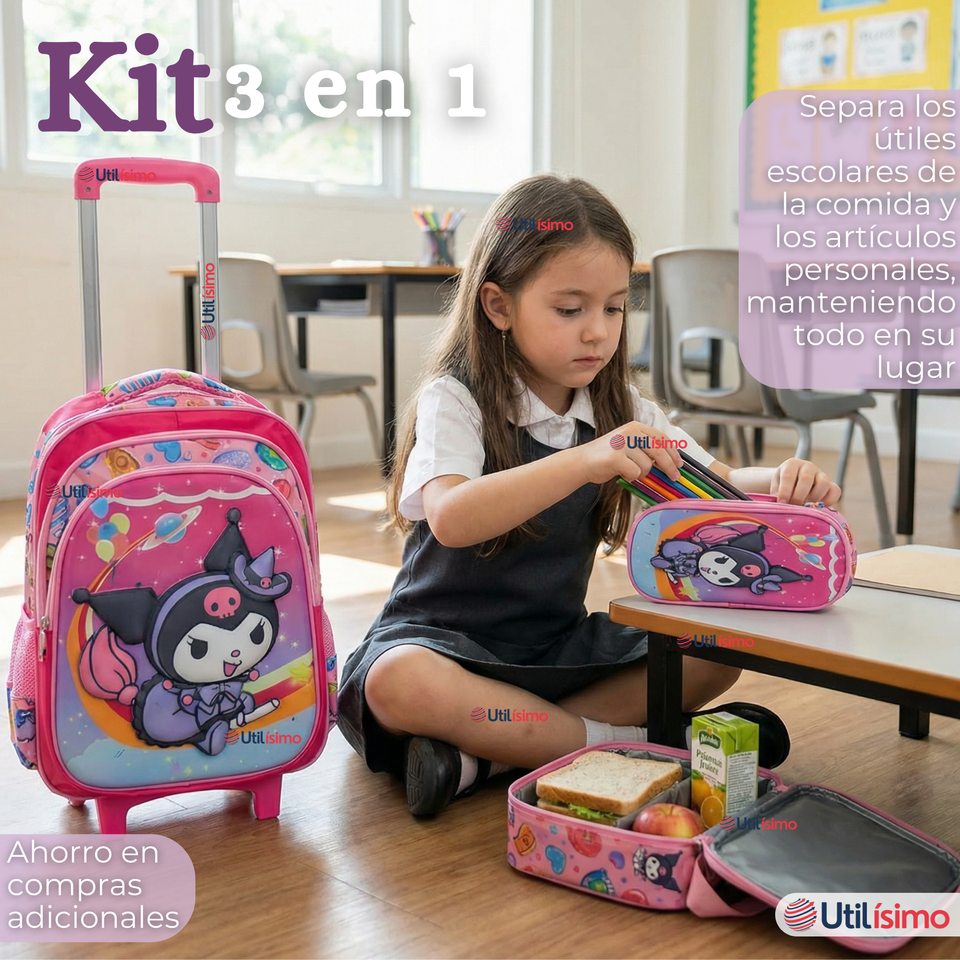 Mochila Escolar Kuromi 3D Con Ruedas Desmontable + Estuche + Lonchera Poliéster Rosa Niña
