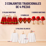 Pack 3 Trajes Nortinos Juvenil Con Poleras 4 Piezas Rojo Baile Típico Fiestas Patrias